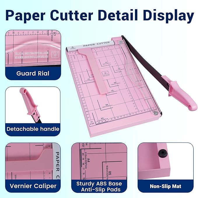 Guillotine Paper Cutter, Heavy Duty 12-Sheet Capacity Trimmer for Cardstock, Photos, Scrapbooking, Office, Classroom, Studio (Pink)