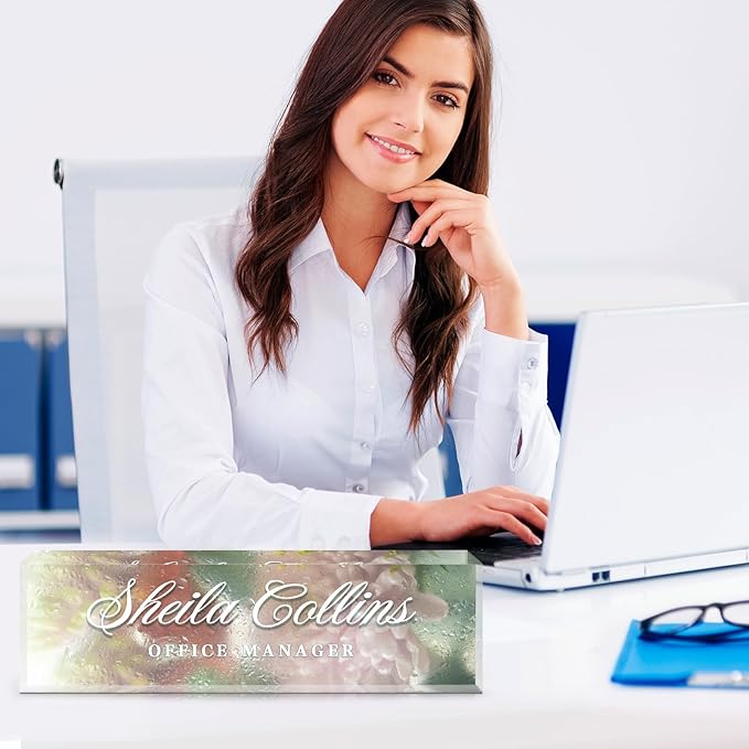 Custom Name Plate - Acrylic Desk Name Plate Personalized, Office Decor, Employee Appreciation Gifts, Funny Office Gifts for Coworkers Boss Teacher (Hazy Flower)