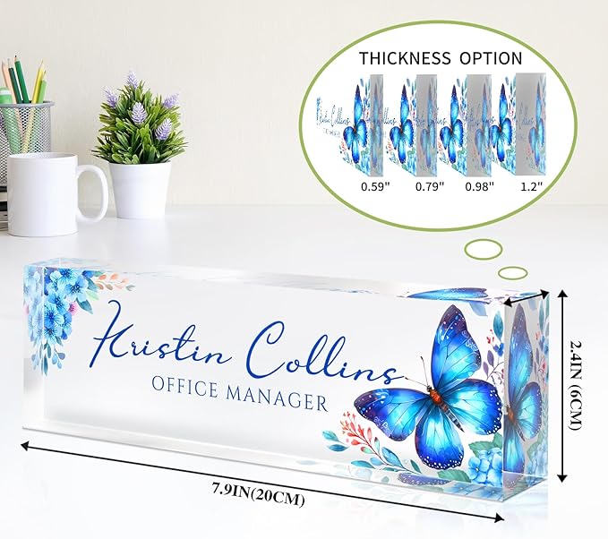 Custom Name Plate for Desk, Personalized Desk Name Plate on Clear Acrylic Glass, Appreciation Gifts for Teacher Employee Boss Coworkers Nurse, Office Desk Accessories for Women Men (Azure)