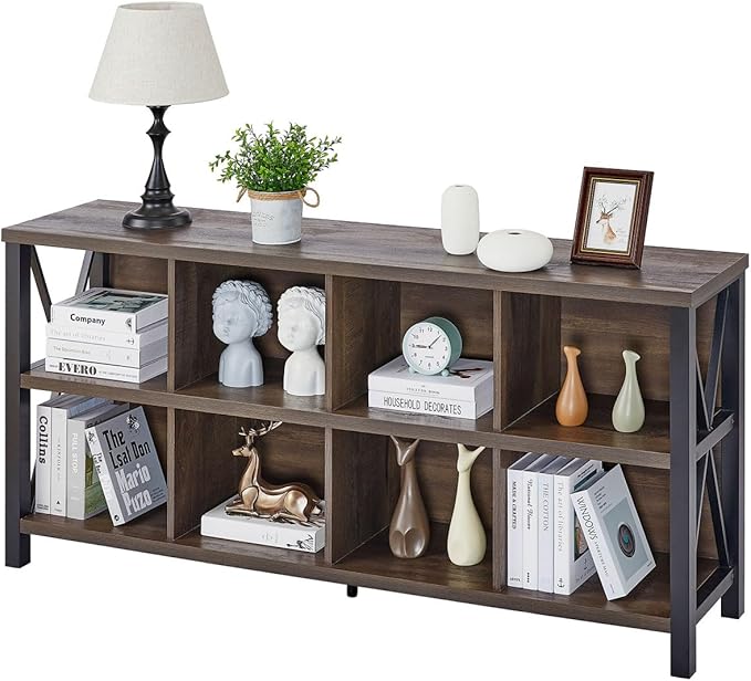 FATORRI 8 Cube Storage Organizer Bookshelf, 62 Inch Rustic Wood Horizontal Bookcase, Industrial Cube Long Book Shelf for Living Room (Walnut Brown)