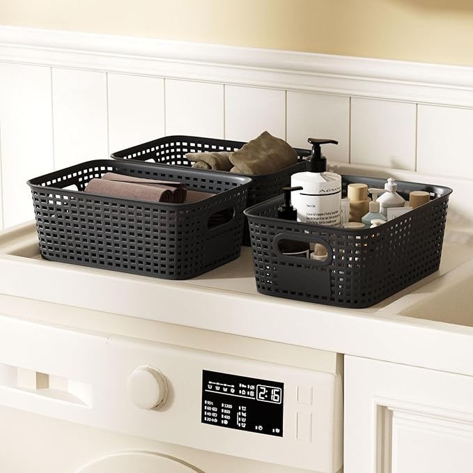 Plastic Storage Bins with Bamboo Lid - Pantry Storage Baskets with Lid - Stackable Container with Lable for Organizing: Small Storage Box for Shelves Office Cabinet Drawer Closet 9x7x4 In - Black 6Pcs