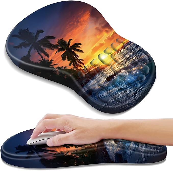 YIWEI Ergonomic Mouse Pad with Wrist Rest - Comfortable Office Mousepad with Memory Foam Wrist Support for Carpal Tunnel Relief, Mouse Pads with Non-Slip Base for Gaming and Home (Sunset Beach)