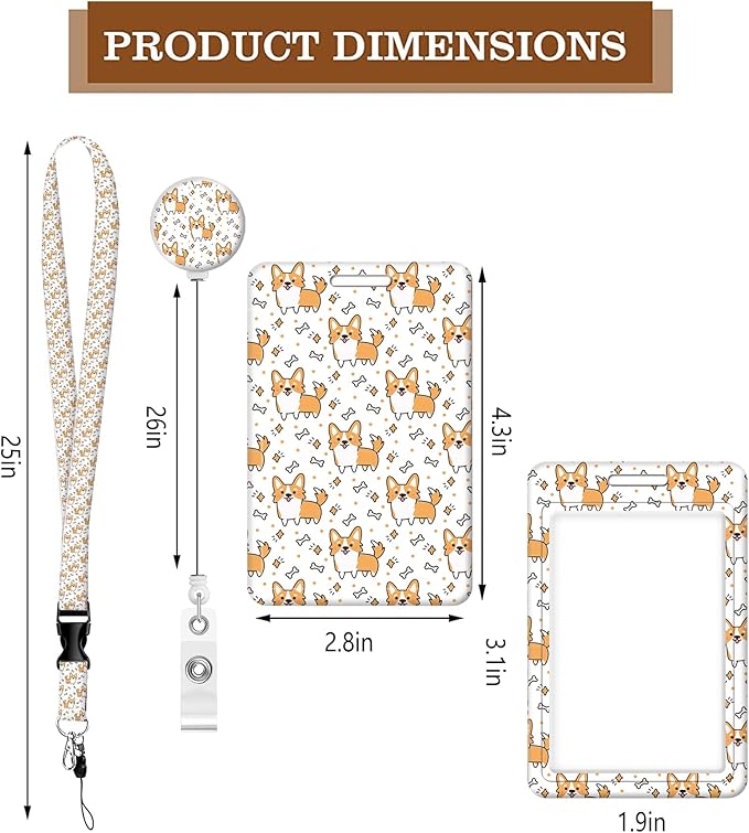 BLOCIT ID Badge Holder with Lanyard - Fashionable ID Card Holders with Retractable Lanyards - Soft Fiber Metal Clip Sturdy Buckle for Key Wallet - Work Nurse Teacher (Cute Puppy Corgi Dog)