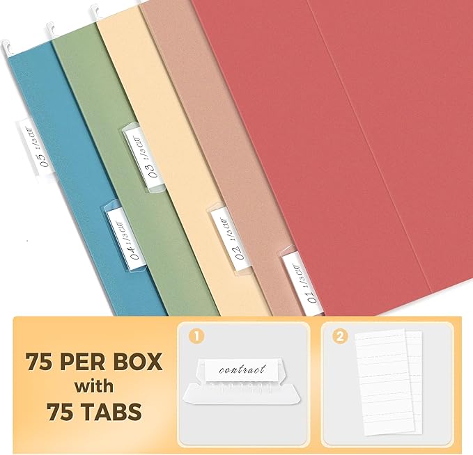 SUNEE Hanging File Folders, Retro Colors - 75 Pack, Colored File Folders Letter Size with 1/5-Cut Tabs, Ideal for Organizing Home and Office Documents
