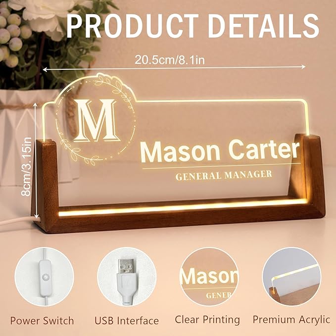 Desk Name Plate Personalized, Office Name Plate for Desks, Desk Decorations for Women Men Office - Light Up Name plate, Employee Appreciation Gifts for Coworkers