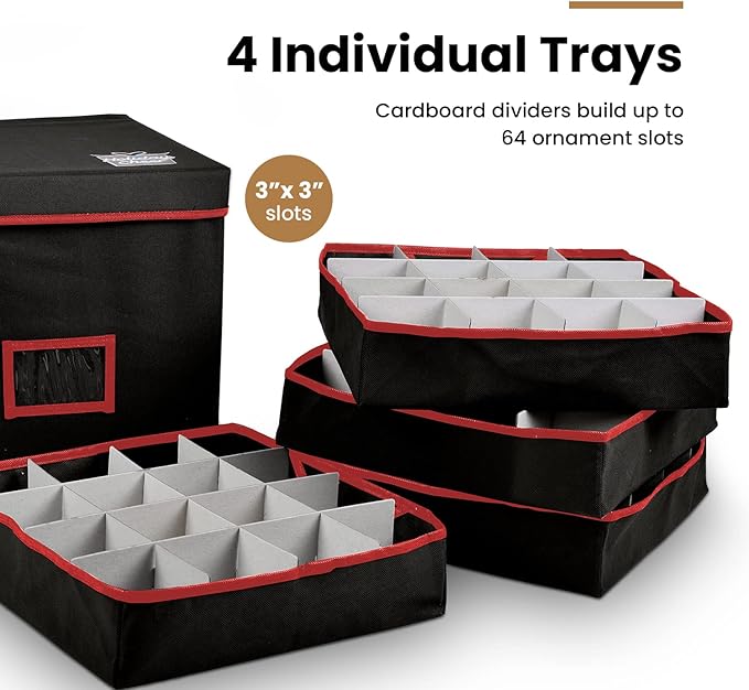 Holiday Cheer Premium Christmas Ornament Storage with 4 Tray – Christmas Storage Container with Dividers Perfect for Holiday Decorations– Fits 64 Holiday Ornaments – Tear-Proof Fabric