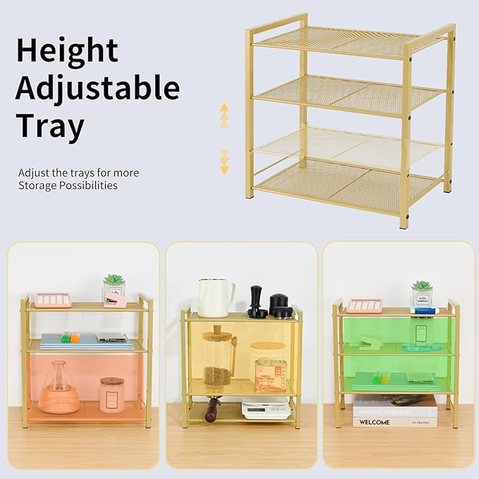 Desktop Shelf Organizer, 3-Tier Office Storage Rack, Adjustable Metal Bookshelf for Top of Desk, Desk Organizer for Office, Home, Dorm and Small Spaces (Gold)