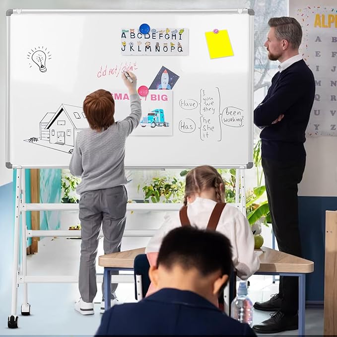 Double-Sided Magnetic Rolling Whiteboard, 48x36 Dry Erase Board - Adjustable Height & Width, A-Frame Foldable Easel Stand on Wheels