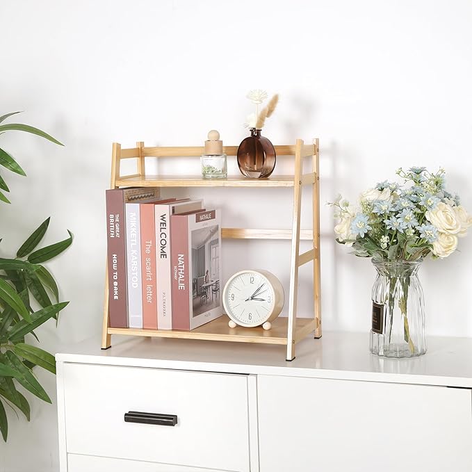 2-Tier Ladder Desktop Bookshelf, 15.75" Wide Wooden Countertop Storage Hutch for Office, Dorm and Home, Desk Organizer for Books and Decor