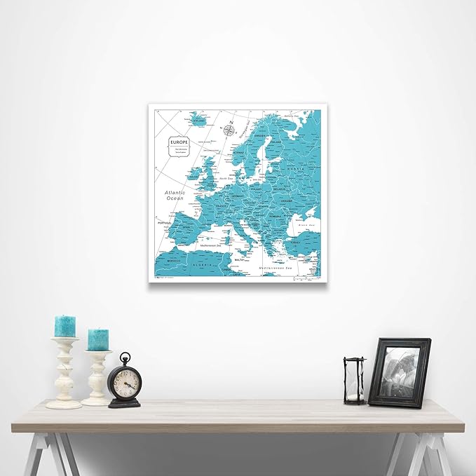 Push Pin Europe Map Board - With Push Pins to Mark Europe Travel - Handmade in Ohio, USA - Design: Teal Color Splash