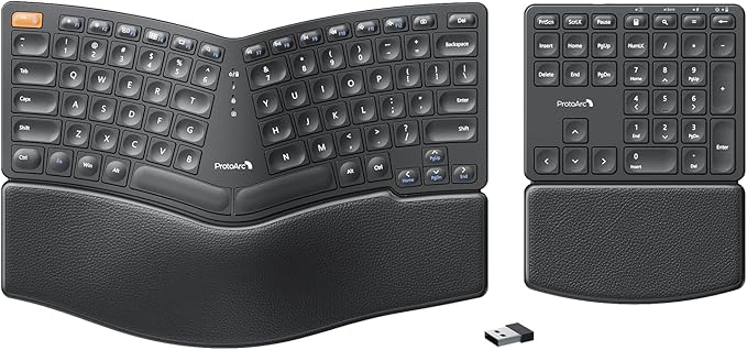 ProtoArc Wireless Ergonomic Keyboard, EK04 2.4GHz USB Wireless Ergo Keyboard with Separate Numeric Keypad, Split Design, Hard Wrist Rest, Rechargeable, for Windows PC/Laptop/Desktop