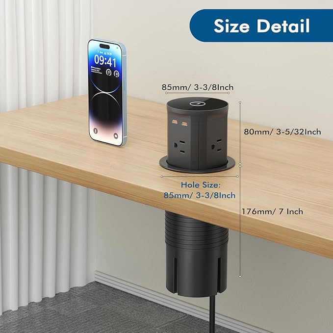 BTU Pop Up Outlet for Kitchen Countertop with 15W Wireless Charger, 20W USB C Fast Charging & 4 AC Outlet, 3 3/8" Hole Desk Charging Station Pop Out Outlet for Office, Conference, Kitchen Use