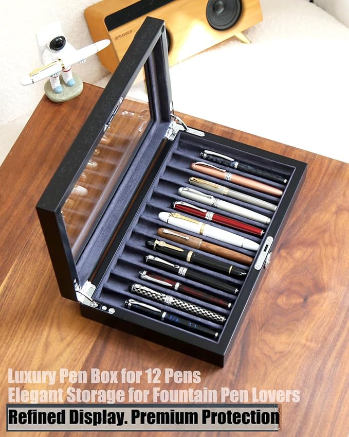 12-Slot Fountain Pen Collector Case – Lockable Wooden Organizer with Glass Display Top, Premium Storage Box for Writing Instruments and Gift for Men