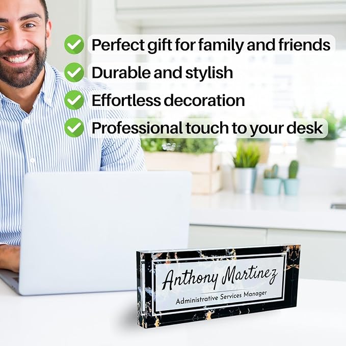 Customized Clear Acrylic Thick 8x3" Desk Name Plate Block with Personalized Logo - Professional Office Decor - Customized Acrylic Plate Gift for Teacher Co-workers, Christmas Gifts for Her, Thanksgiving Gifts (Black Marble)