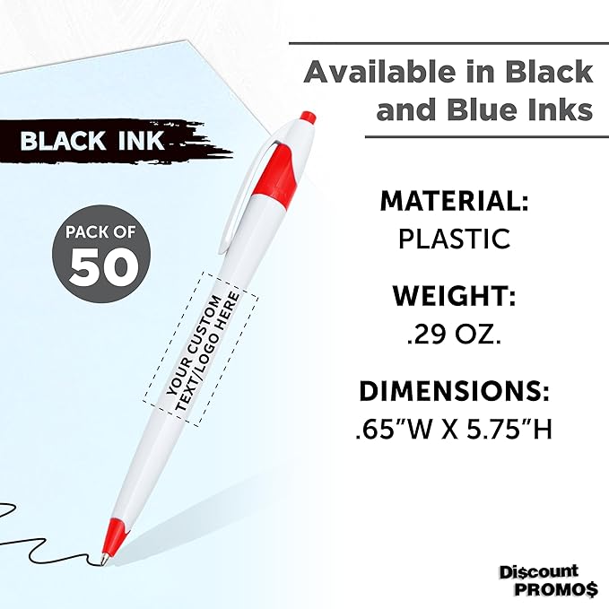 DISCOUNT PROMOS Custom Slim Curvy Ballpoint Pens Set of 50, Personalized Bulk Pack - Black Ink, Retractable, Great for Office, School, Tradeshows - Red