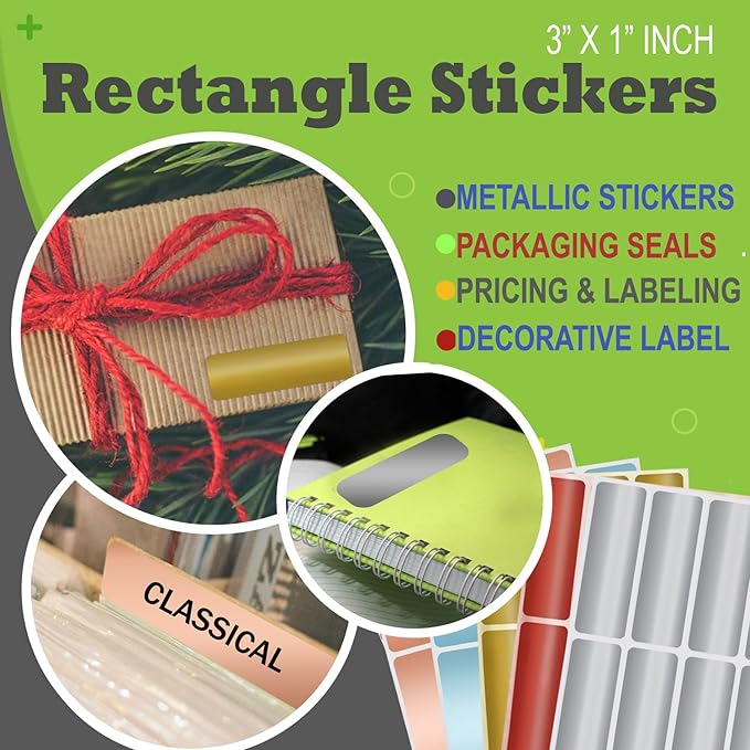 Metallic Sticker Labels 3x1 inch (75mm x 25mm) Rectangular Labeling Sticker Sheets in 5 Metallic Colors 80 - Pack by Royal Green