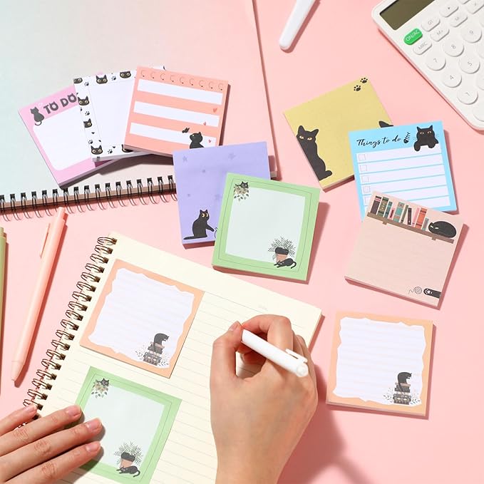 9 Pads Black Cat Sticky Notes 3x3 Inch Cute Self Stick Notepads Notes Adhesive Memo Pad Office Decor Gifts for Students School Teacher Meeting Office Supplies