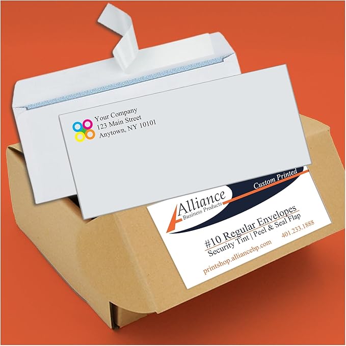 2500#10 Commercial Custom Printed Envelopes, White, Regular, Self Seal, Security Tinted, Text and Logo Customization, Size 4-1/8 x 9-1/2 Inches, 24 LB