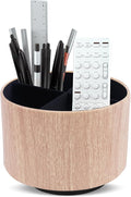 Round Leather Art Supply Organizer,Remote Control Holder,360 Degree Spinning,Multi-Functional Pencil Holder,4 Compartments Desktop Stationary Organizer(1-Thin Wood Yellow)