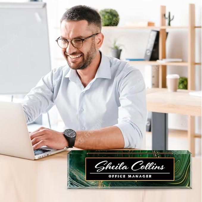 Custom Acrylic Name Plate for Desk, Employee Appreciation Gifts, Office Decor, Personalized, Funny Office Gifts for Coworkers Boss Teacher (Green/Gold)