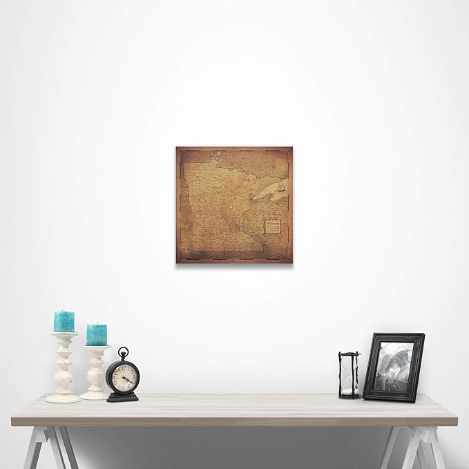 Push Pin Minnesota Map Board - With Push Pins to Mark Minnesota Travel - Handmade in Ohio, USA - Design: Golden Aged