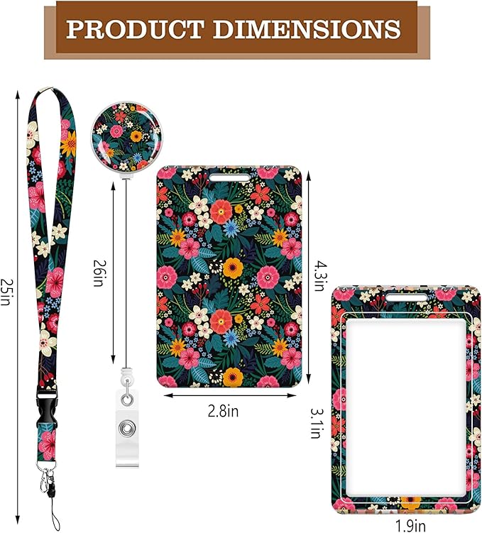 BLOCIT ID Badge Holder with Lanyard and Retractable Badge Reel Clip, Cute Card Name Tag Lanyard Vertical ID Protector Bage Clips for Nurse Doctor Teacher Student（Colorful Flowers and Leaves）