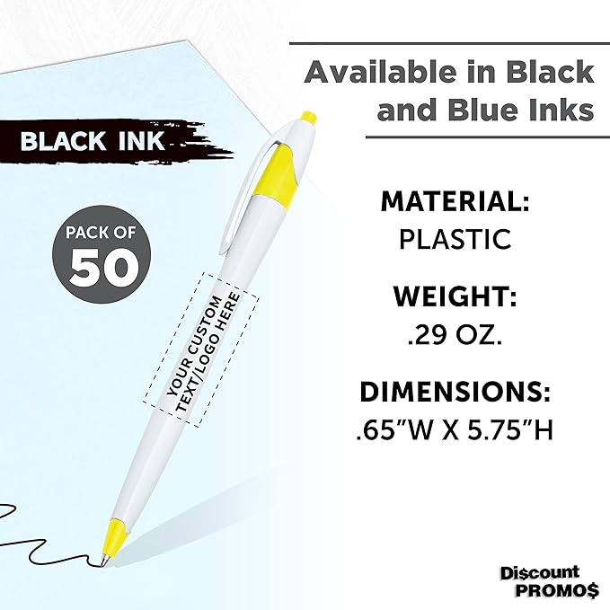 DISCOUNT PROMOS Custom Slim Curvy Ballpoint Pens Set of 50, Personalized Bulk Pack - Black Ink, Retractable, Great for Office, School, Tradeshows - Yellow