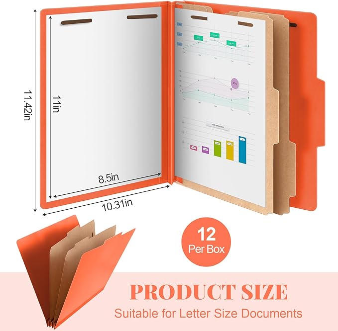 Skyygemm 12 Pcs Classification Folders Letter Size Bulk - 2 Dividers Pressboard File Folder with 3. 5 Inch Expansion, 2 Prongs Fastener, Heavy Duty Office File Organizer for Teacher Medical (Orange)