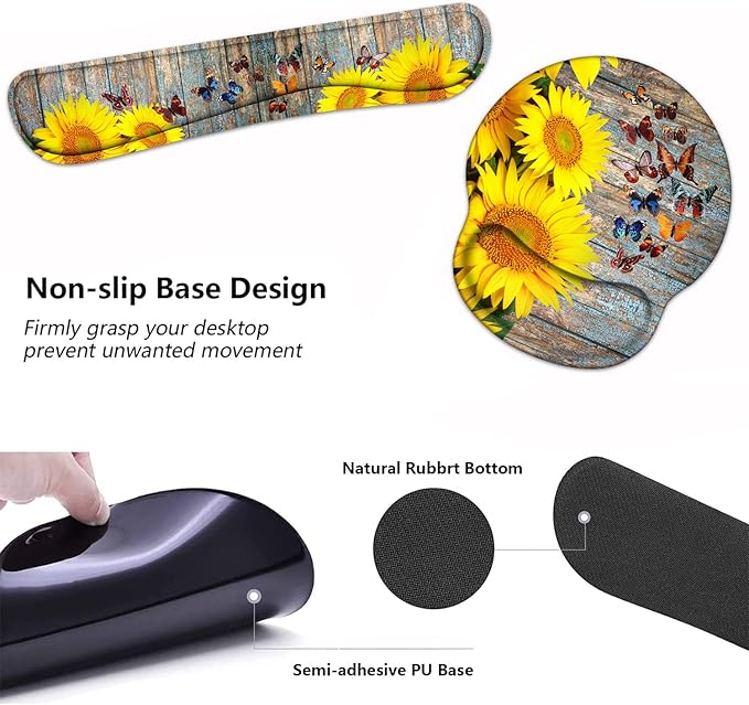 Keyboard Wrist Rest and Mouse Pad Wrist Support Set with Coasters, Sunflower and Butterfly Design Wrist Mouse Pad with Non-Slip PU Base for Computer Laptop Home Office Working Studying Easy Typing
