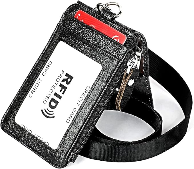 Aslana Genuine Leather ID Badge Holder with Lanyard, RFID Blocking Protection (A1- Black), ID10