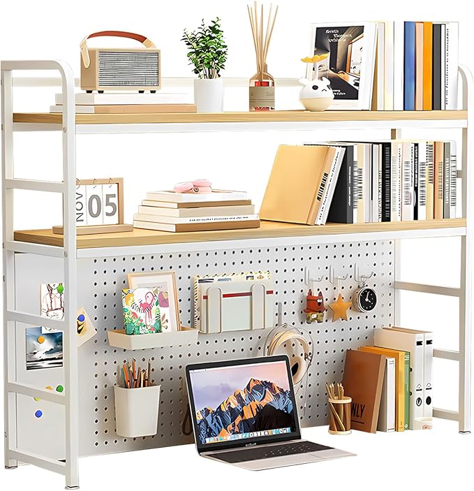 2-Tier Desktop Bookshelf Hutch - Metal Desk Shelf Bookcase with Desk Pegboard Countertop Storage Organizer Rack for Dorm or Office (A, 110cm/43in)