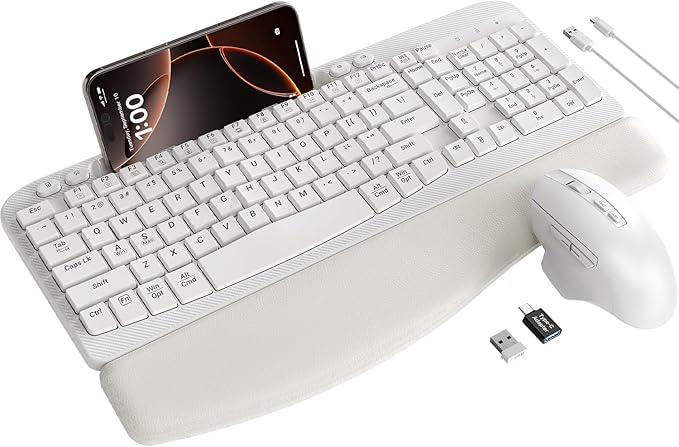 SABLUTE Wireless Keyboard and Mouse Combo, Ergonomic Wave Keys, Cushioned Palm Rest, Rechargeable, Phone Holder, Natural Typing, 2.4G Lag-Free, Full Size Keyboards Cordless Set for Windows/Mac, White