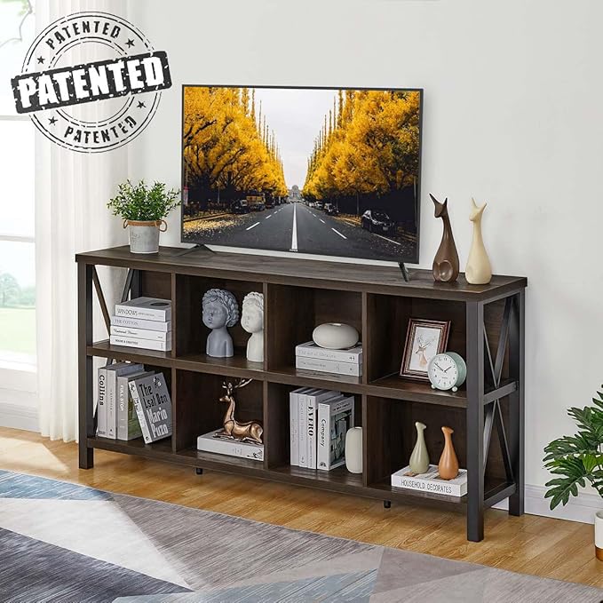 FATORRI 8 Cube Storage Organizer Bookshelf, 62 Inch Rustic Wood Horizontal Bookcase, Industrial Cube Long Book Shelf for Living Room (Walnut Brown)