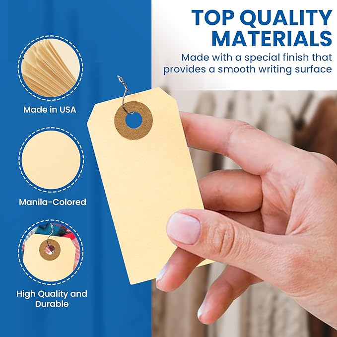 Perco Manila Shipping Tags with Metal Wires — Small Durable Blank Paper Tags 2¾″ x 1⅜″ — Ideal for Labeling and Inventory Use — Box of 100