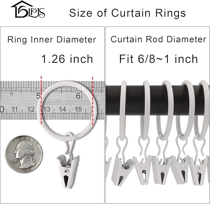 LLPJS 100 Pack Curtain Rings with Clips, Curtain Clip Rings Hooks, Bow Hanger Clips for Hanging Drapery Drapes Bows, Ring 1.26 inch Interior Diameter, Fits up to 1" Rod, White