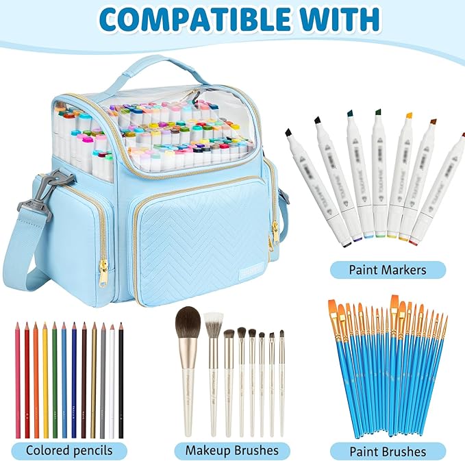 Large Marker Organizer Case for 200-300 Markers,Travel Marker Storage Bag with Dividers and 4 Pockets,Marker Organizer Holder for Paint Brushes,Colored Pencils and Other Art Supplies,Bag Only,Blue
