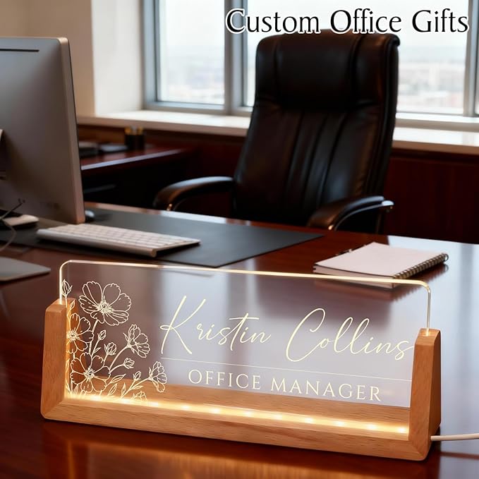 Personalized LED Name Plate for Desk, Light Up Acrylic Office Decor Desk Name Plate with Wooden Base, Custom Name Logo Quote, Appreciation Gifts for Boss Coworkers Employee Women Men (Bloom)