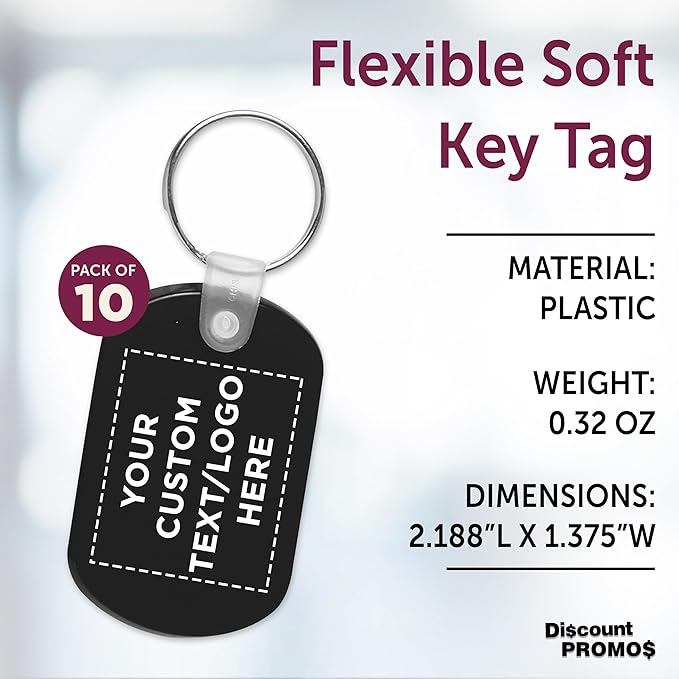 DISCOUNT PROMOS Tag Soft Plastic Keychains - 10 pack - Customizable Text, Logo - Small Key Tag Chain For Staying Organized - Rubber Key Ring Keychain – Black