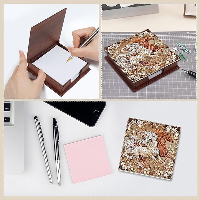 Wooden DIY Horse Diamond Art Notecard Box – DIY Gem Art Sticky Note Holder for Adults 160 Sheets Memo Pad Storage Desk