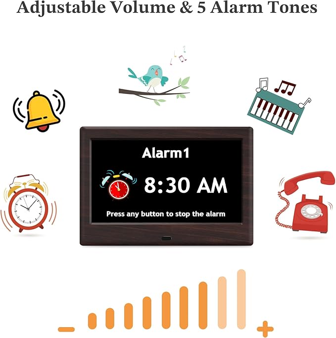 7'' Digital Clocks, 12 Reminders & 6 Alarms, Dementia Clock with Date and Time for Elderly, Auto-Dimming, Button & Remote Control, Auto DST, Digital Calendar for Seniors Large Display, Brown Woodgrain