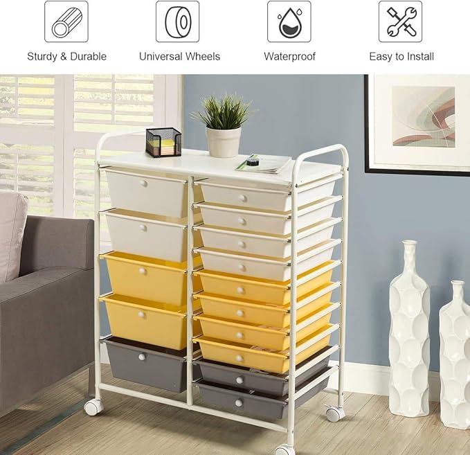 ARLIME 15-Drawer Storage Cart, 15 Drawer Trolley, Rolling Organizer Cart, Scrapbook Paper Organizer, Suitable for Office and School, Rolling Office Storage Tools (Yellow&White&Grey)