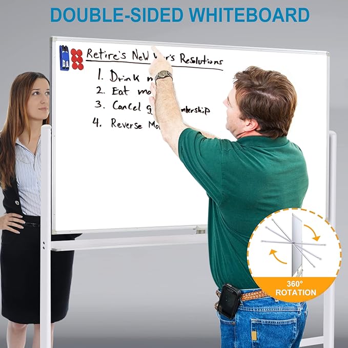 Mobile Whiteboard with Stand - 60x40 Double Sided Dry Erase Board with Stand, Large White Board on Wheels for Office, Rolling Magnetic Whiteboard with Pen Tray for Meeting, Training by CALENBO