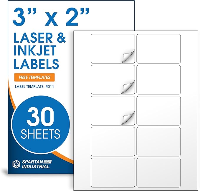 3" X 2" Matte White Printable Labels for Inkjet and Laser Printers - 30 Sheets, 300 Custom Stickers for Address Labels, Product Labeling, Shipping - Spartan Industrial Template R011