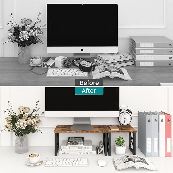 ELITEROO Wood Desktop Shelf, 2 Tier Adjustable Small Bookshelf Organizer, Freestanding Stackable Desk Stand, Storage Organizers, Kitchen Counter Display Rack, Rustic Brown