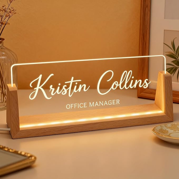 Personalized LED Name Plate for Desk, Light Up Acrylic Office Decor Desk Name Plate with Wooden Base, Custom Name Logo Quote, Appreciation Gifts for Boss Coworkers Employee Women Men (Signature)