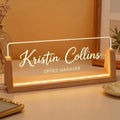 Personalized LED Name Plate for Desk, Light Up Acrylic Office Decor Desk Name Plate with Wooden Base, Custom Name Logo Quote, Appreciation Gifts for Boss Coworkers Employee Women Men (Signature)