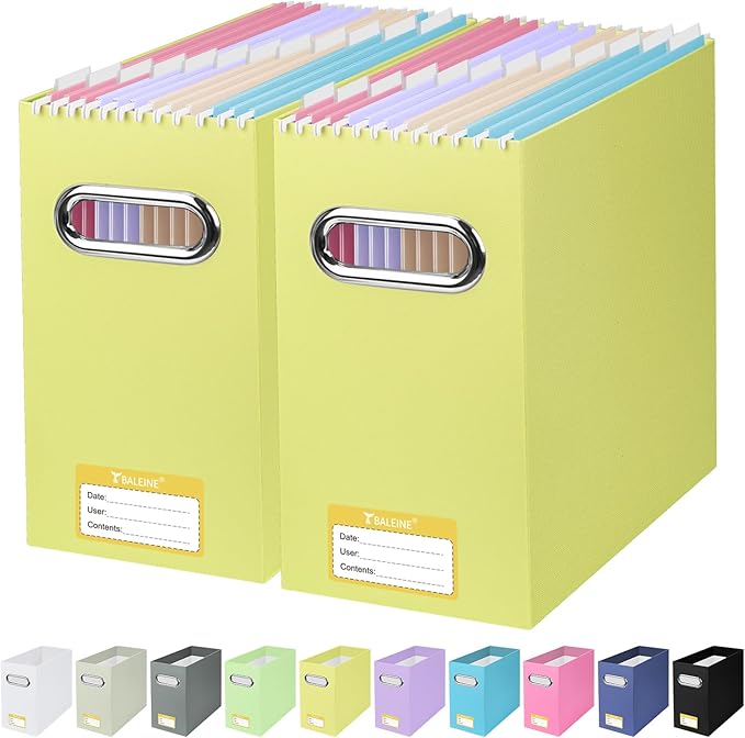 BALEINE File Organizer Box, Cardboard File Folder Organizer with Handle for Letter Size, Portable Collapsible Hanging Filing Box for Home Office Document Storage (2 Pack, Yellow)