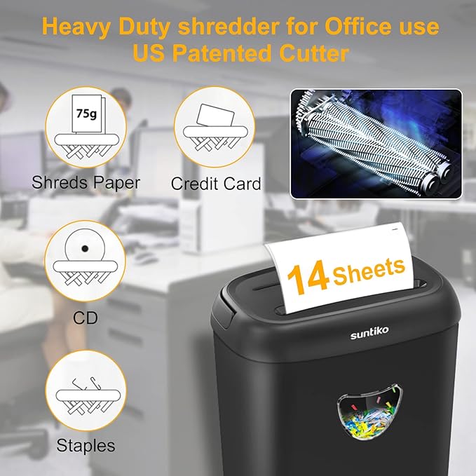 14 Sheet Cross Cut Paper Shredder for Home Office Use with P-4 High Security and 6.6 Gallon Bin for Credit Cards CDs or Staples ETL Certified Black