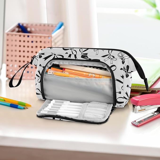 Bow Gray Pencil Case Pouch Big Capacity Pencil Bag Box Organizer Pen Case with Zipper Pencil Cases for Girls Boys Women School College Office