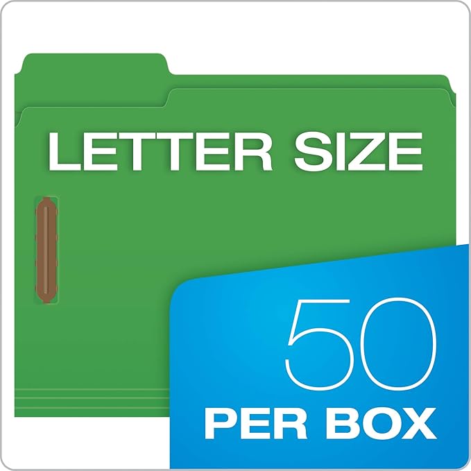 Pendaflex Fastener Folders, 2 Fasteners, Letter Size, Green, 1/3 Cut Tabs in Left, Right, Center Positions, 50 per Box (22140GW)